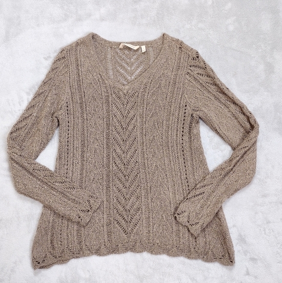 Soft Surroundings Tan Metallic Pointelle Pullover Sweater Sz S - Picture 2 of 12